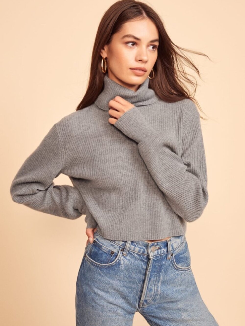 Reformation Luisa Gray 100% Cashmere Wool Cropped Turtleneck Sweater Long SLV S